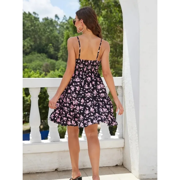 Kadın Askılı çiçek Desenli Süprem Mini Elbise