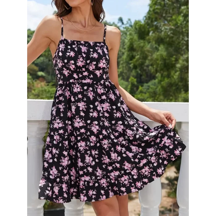 Kadın Askılı çiçek Desenli Süprem Mini Elbise