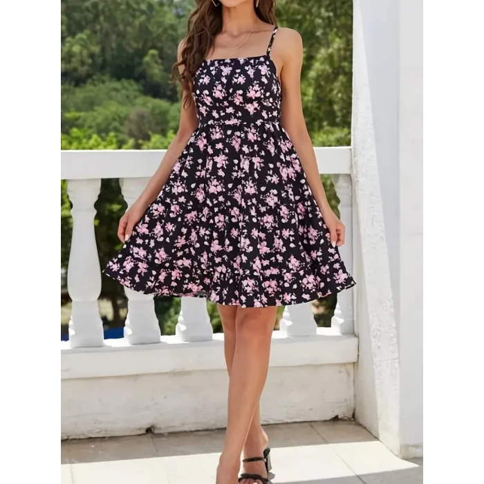 Kadın Askılı çiçek Desenli Süprem Mini Elbise