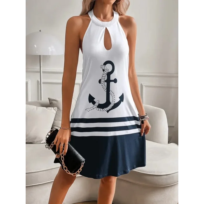 Kadın Askılı çıpa Baskılı Sırtı Açık Kısa Süprem Elbise