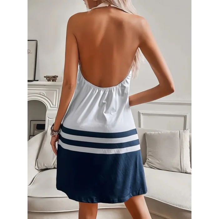 Kadın Askılı çıpa Baskılı Sırtı Açık Kısa Süprem Elbise