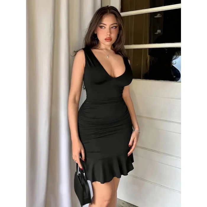 Kadın Askılı Derin V Dekolteli Fırfırlı Janjan Krep Elbise