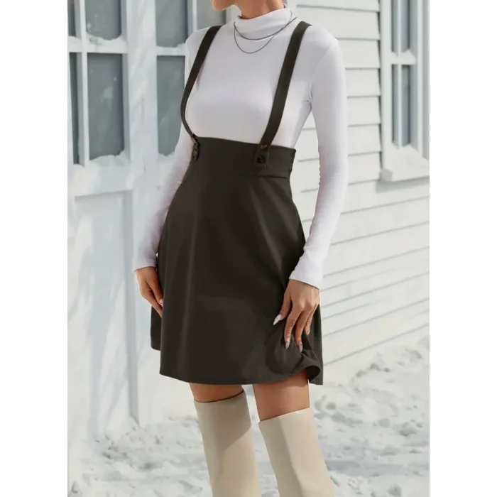 Kadın Askılı Düğmeli Mini Süet Elbise