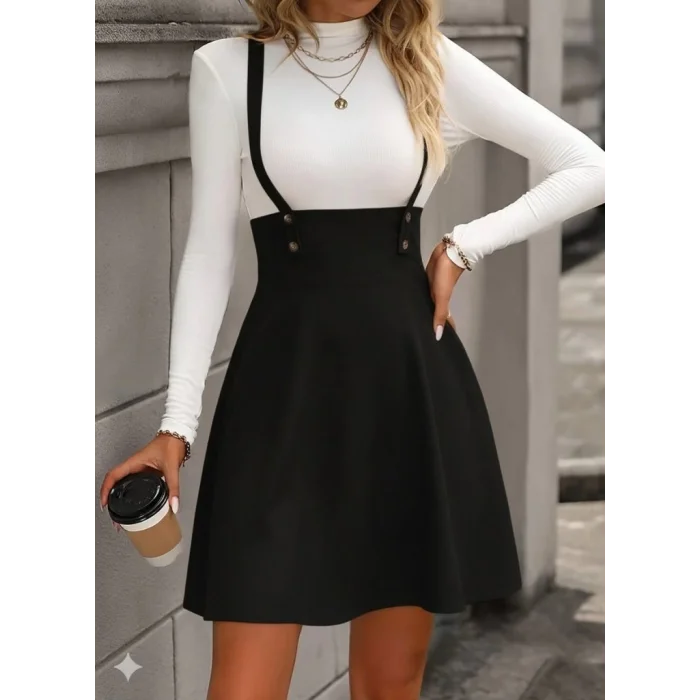 Kadın Askılı Düğmeli Mini Süet Elbise