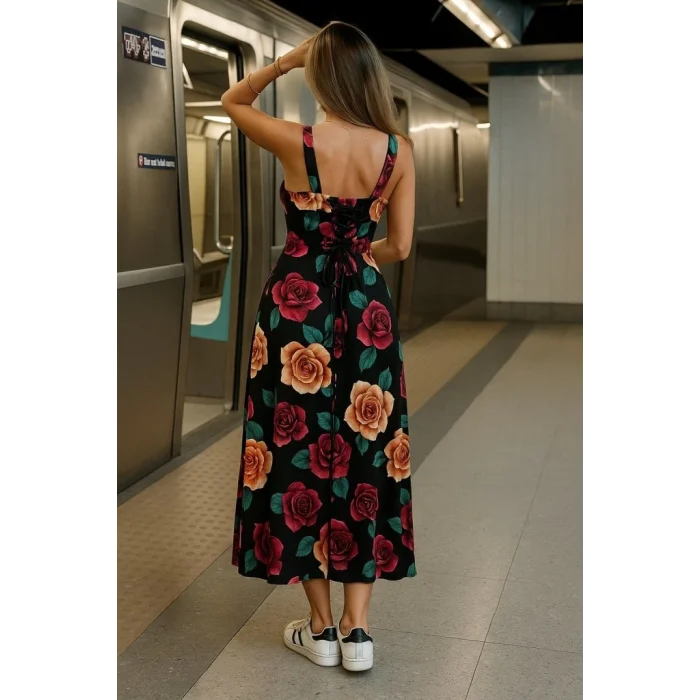 Kadın Askılı Geniş V Yakalı Sırttan Bağlamalı Yırtmaçlı Süprem Elbise