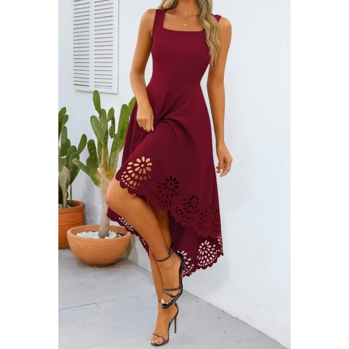 Kadın Askılı Geometrik Yaka çiçek Lazer Kesim Ithal Krep Elbise