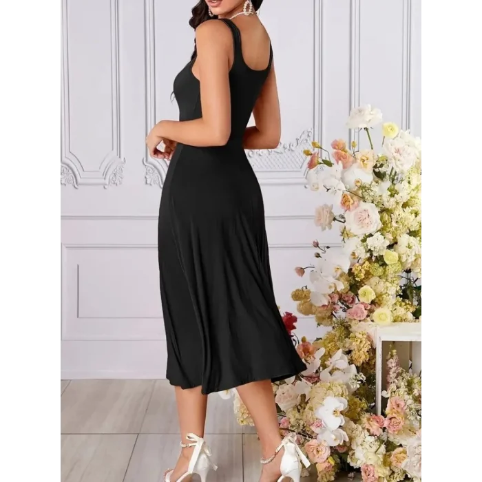 Kadın Askılı Geometrik Yakalı Geniş Kesim Detaylı Ithal Krep Elbise