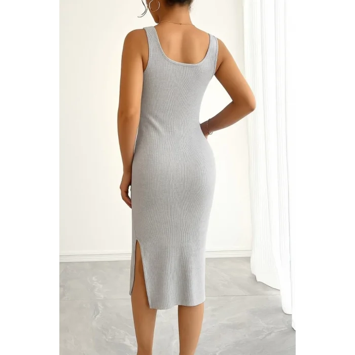 Kadın Askılı Kare Yaka Yandan Yırtmaçlı Midi Kaşkorse Elbise