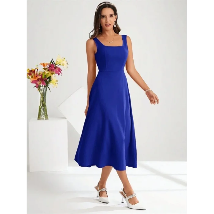 Kadın Askılı Kare Yakalı Midi Ithal Krep Elbise