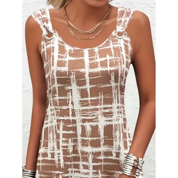 Kadın Askılı Kuş Gözü Detaylı Desenli Süprem Elbise