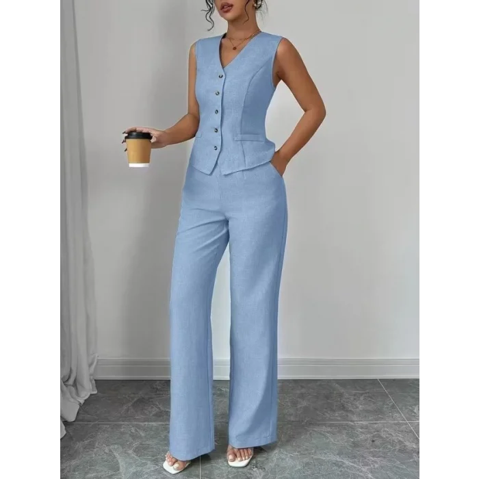 Kadın Askılı önden Düğmeli Bluz Ve Pantolon Keten Ikili Takım