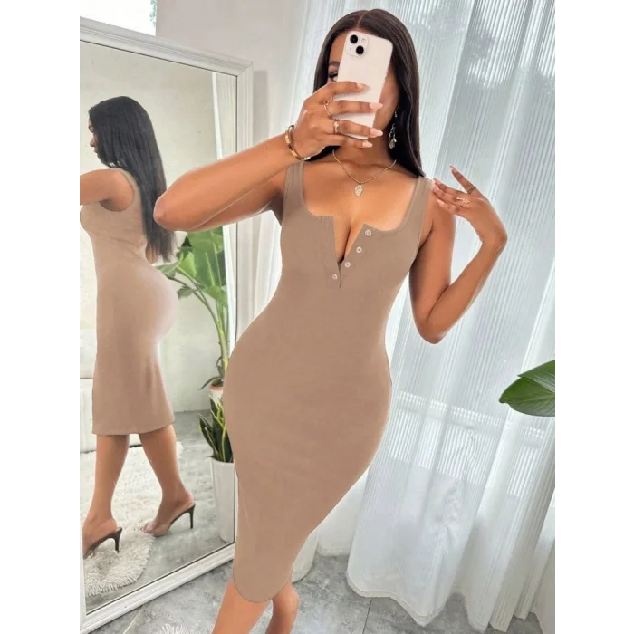 Kadın Askılı önü Düğmeli Midi Kaşkorse Elbise