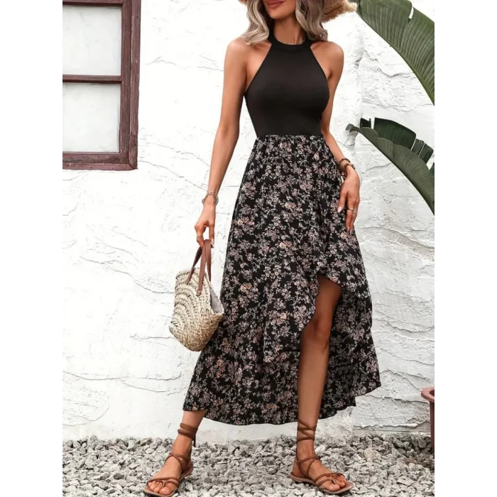 Kadın Askılı Sırt Dekolteli çiçek Baskılı üst Viskon Alt Süprem Elbise