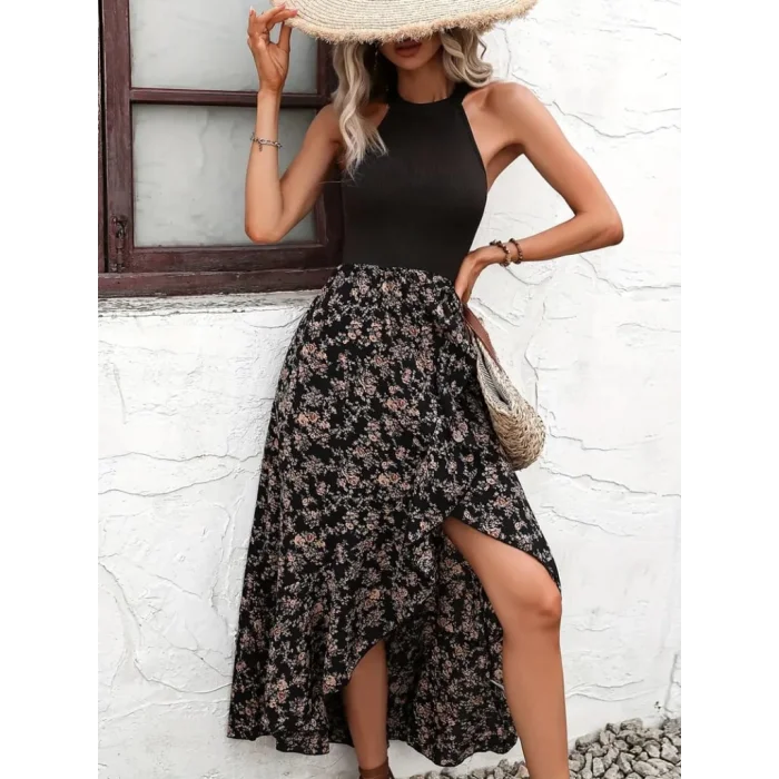Kadın Askılı Sırt Dekolteli çiçek Baskılı üst Viskon Alt Süprem Elbise