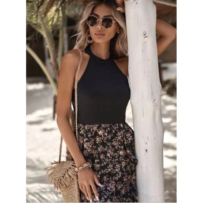 Kadın Askılı Sırt Dekolteli çiçek Baskılı üst Viskon Alt Süprem Elbise