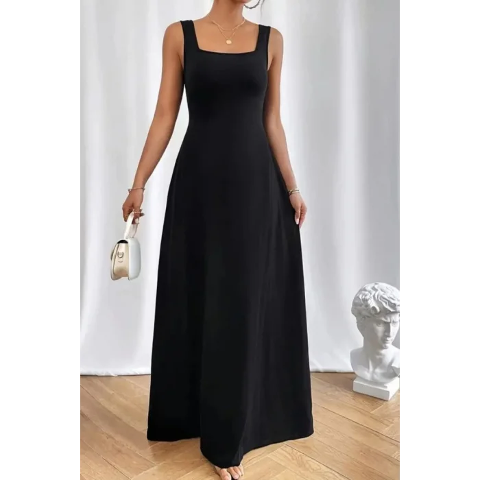 Kadın Askılı U Yaka Janjan Krep Elbise