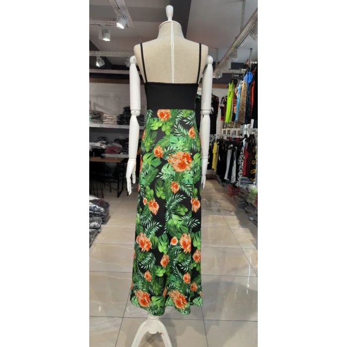 Kadın Askılı V Yaka Eteği Dijital Baskılı çiçek Desenli Yırtmaçlı Mikro Kumaş Elbise