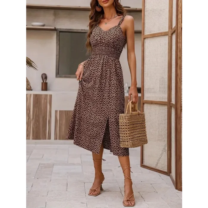 Kadın Askılı V Yakalı Beli Lastikli Yırtmaçlı Süprem Midi Elbise