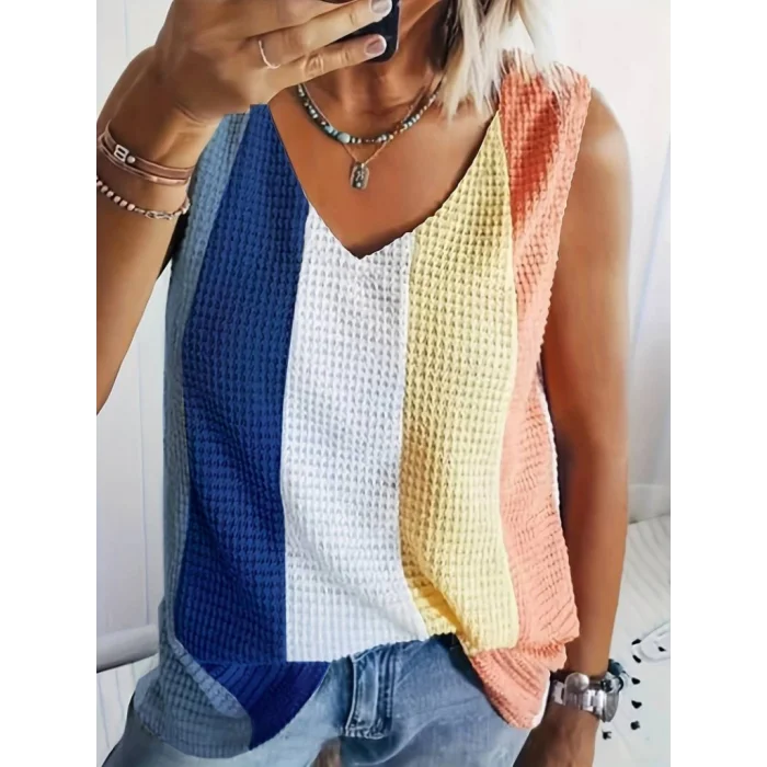 Kadın Askılı V Yakalı çok Renkli Triko Bluz