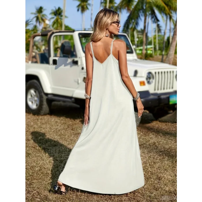 Kadın Askılı V Yakalı Etnik şerit Detaylı Uzun Viskon Elbise