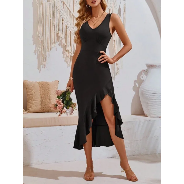 Kadın Askılı V Yakalı önden Fırfırlı Uzun Dalgıç Elbise