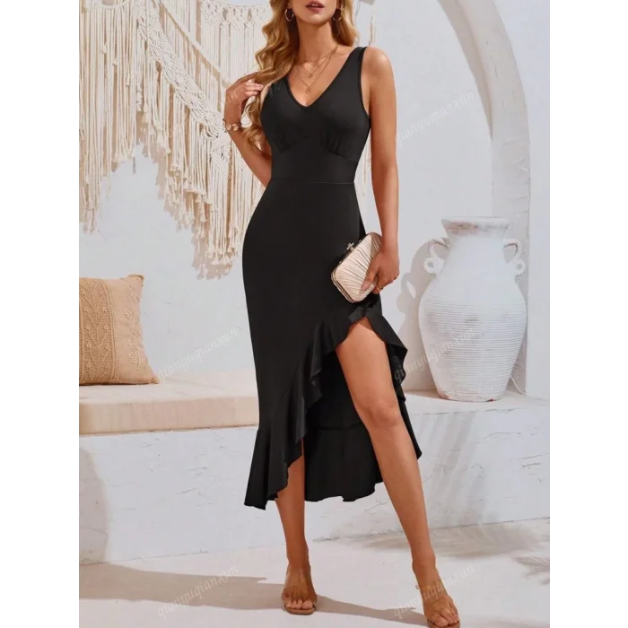 Kadın Askılı V Yakalı önden Fırfırlı Uzun Dalgıç Elbise