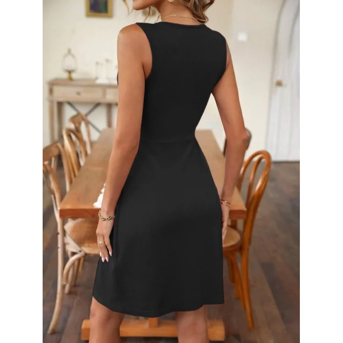 Kadın Askılı V Yakalı Onu Düğüm Detaylı Viskon Elbise