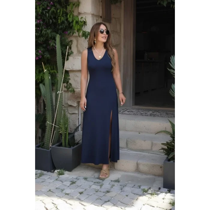 Kadın Askılı V Yakalı Yırtmaçlı Uzun Viskon Elbise