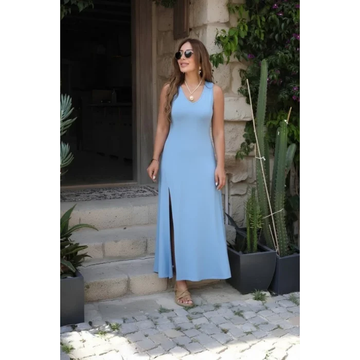 Kadın Askılı V Yakalı Yırtmaçlı Uzun Viskon Elbise