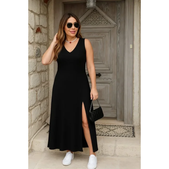 Kadın Askılı V Yakalı Yırtmaçlı Viskon Elbise