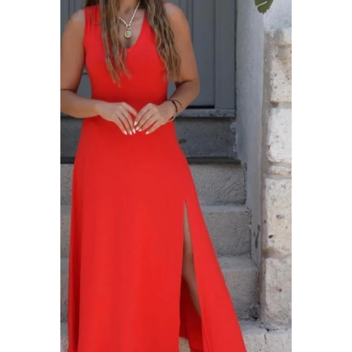 Kadın Askılı V Yakalı Yırtmaçlı Viskon Elbise