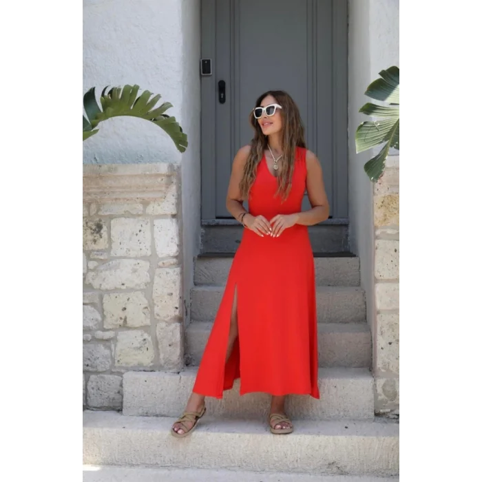 Kadın Askılı V Yakalı Yırtmaçlı Viskon Elbise