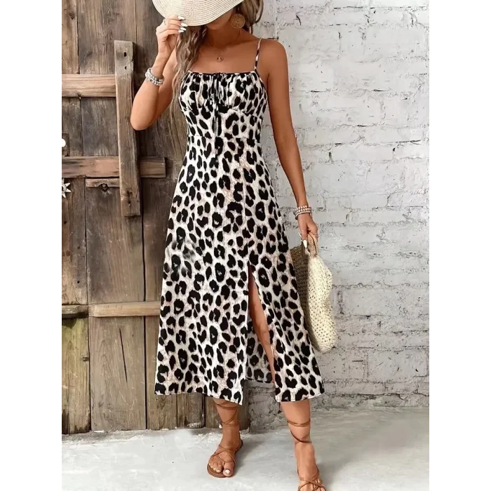 Kadın Askılı Yakadan Bağcıklı Yırtmaçlı Leopar Desenli Midi Süprem Elbise