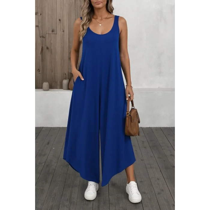 Kadın Askılı Yuvarlak Yaka Cepli Salaş Uzun Viskon Tulum