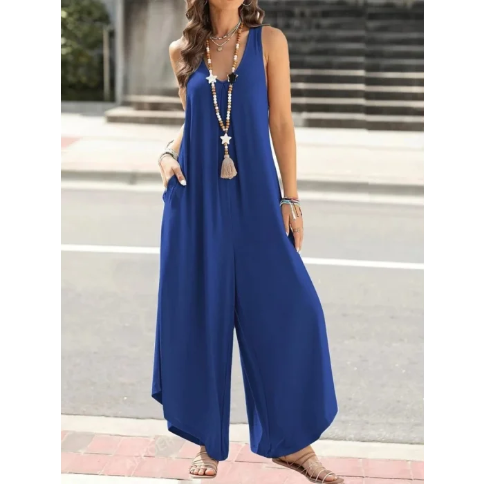 Kadın Askılı Yuvarlak Yaka Cepli Salaş Uzun Viskon Tulum