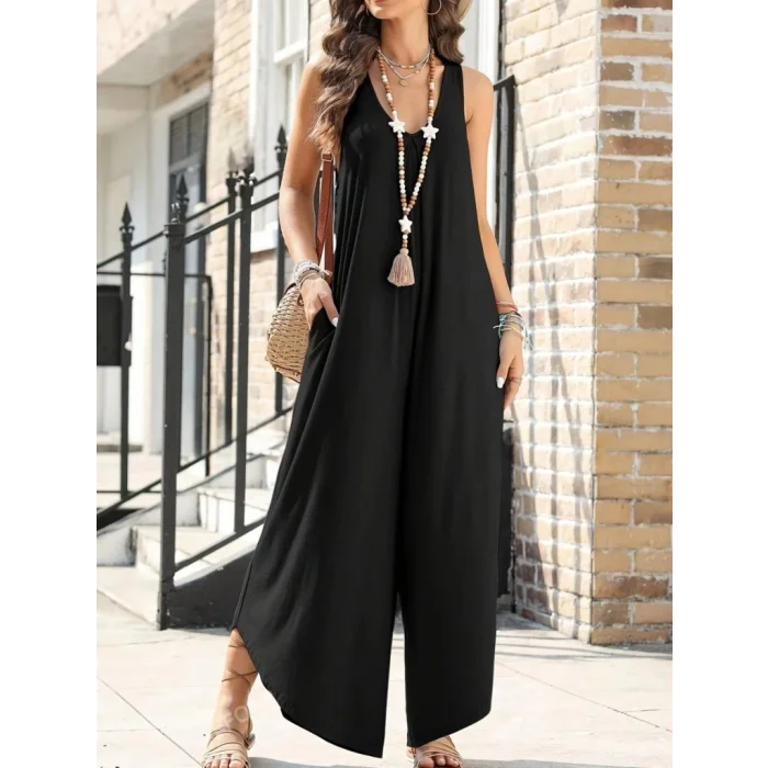 Kadın Askılı Yuvarlak Yaka Cepli Salaş Uzun Viskon Tulum