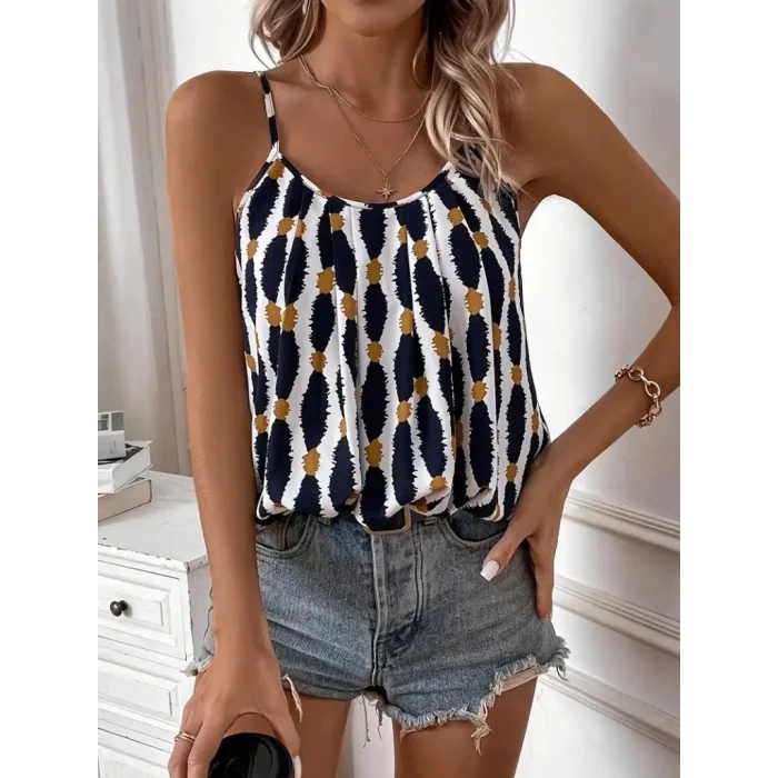 Kadın Askılı Yuvarlak Yaka Desenli Süprem Bluz