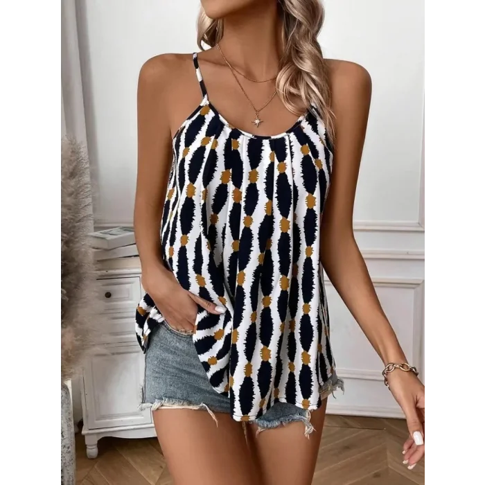 Kadın Askılı Yuvarlak Yaka Desenli Süprem Bluz