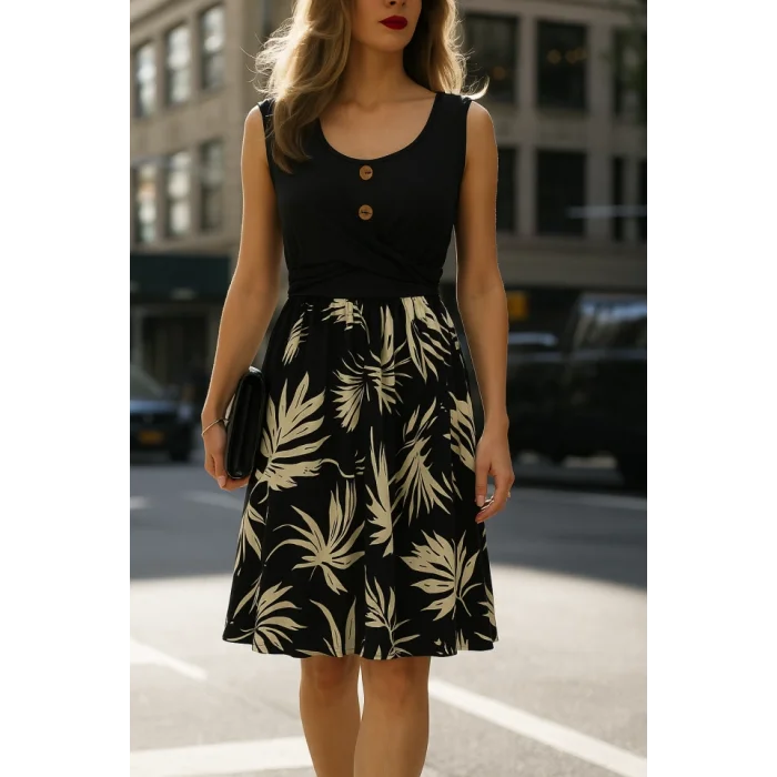 Kadın Askılı Yuvarlak Yaka Düğmeli üst Viskon Alt Desenli Süprem Elbise