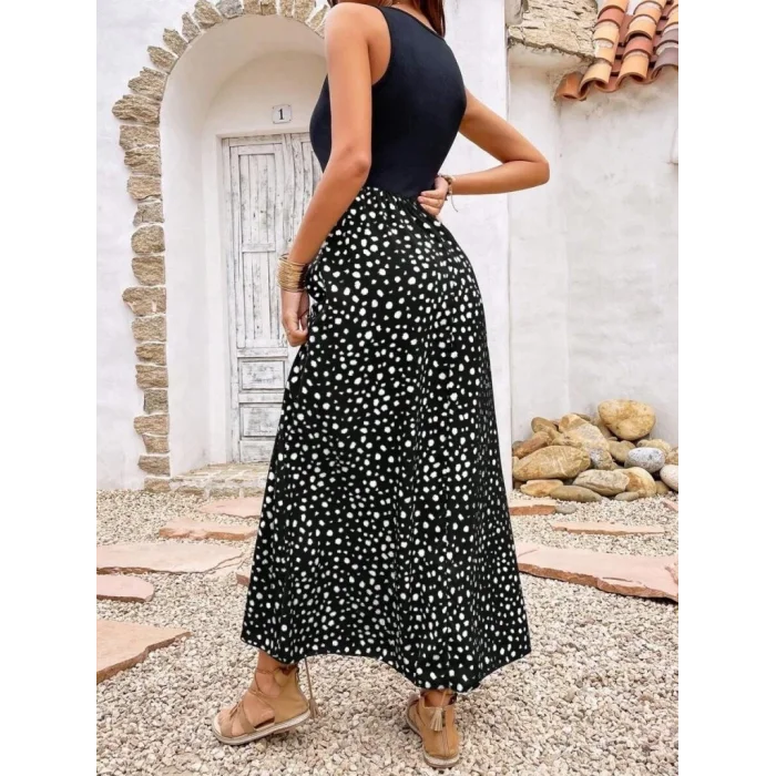 Kadın Askılı Yuvarlak Yaka üst Viskon Alt Desenli Bürümcük Elbise