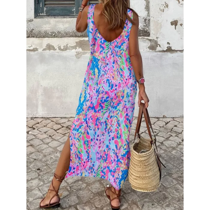 Kadın Askılı Yuvarlak Yaka Yandan Yırtmaçlı Uzun Süprem Elbise