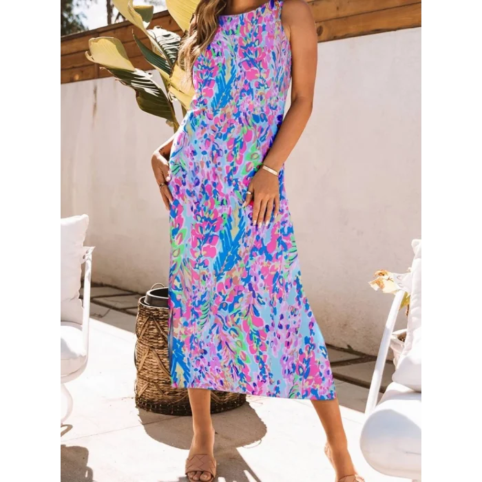 Kadın Askılı Yuvarlak Yaka Yandan Yırtmaçlı Uzun Süprem Elbise