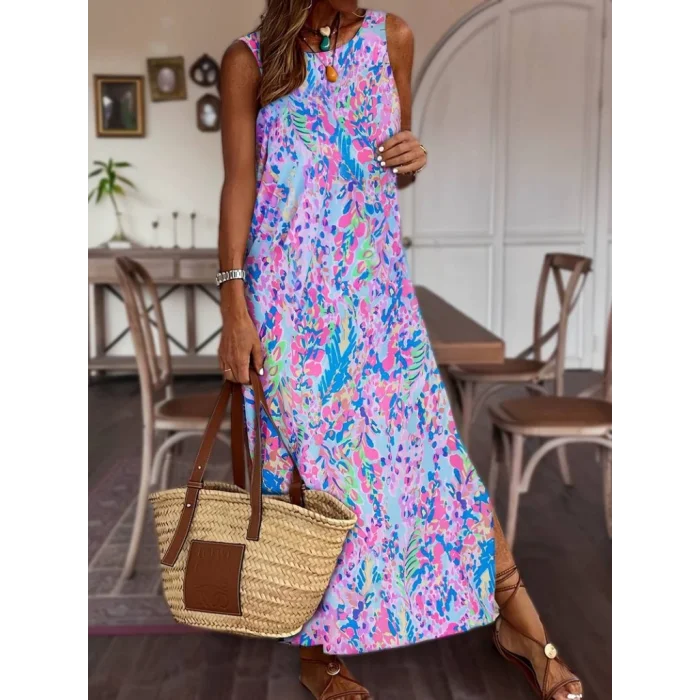 Kadın Askılı Yuvarlak Yaka Yandan Yırtmaçlı Uzun Süprem Elbise