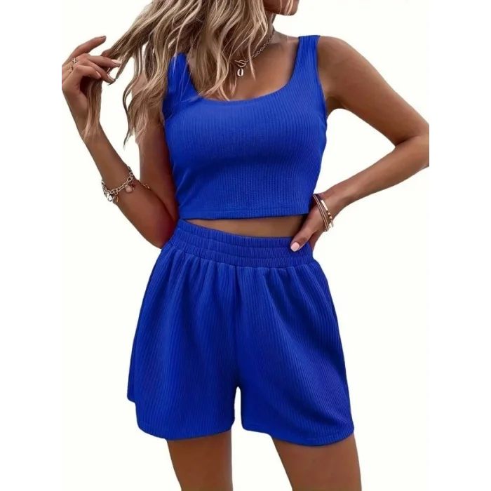 Kadın Askılı Yuvarlak Yakalı Burgu Krop Ve Bluz Short Ikili Takım