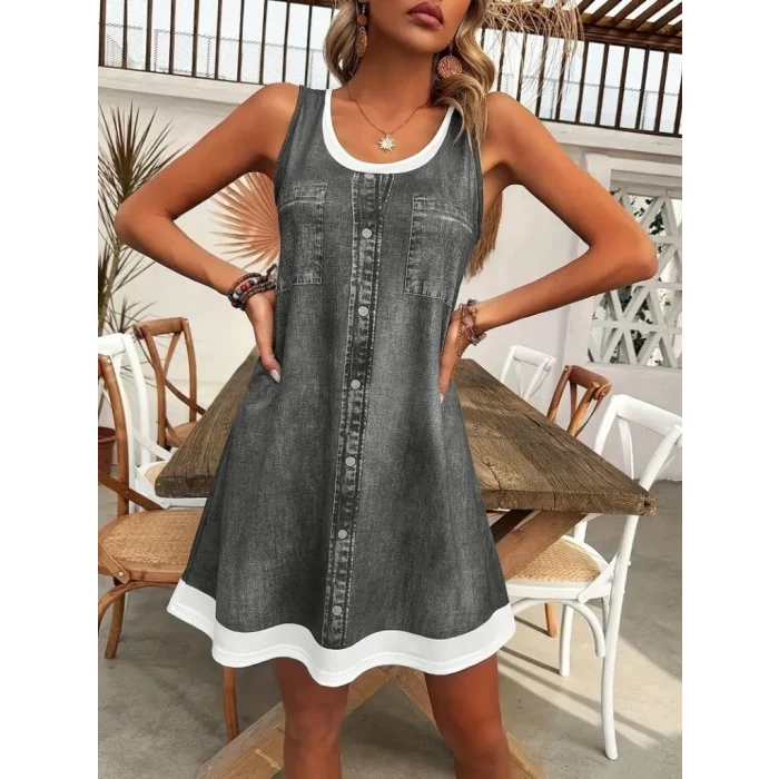 Kadın Askılı Yuvarlak Yakalı Kot Görünümlü Kısa Süprem Elbise