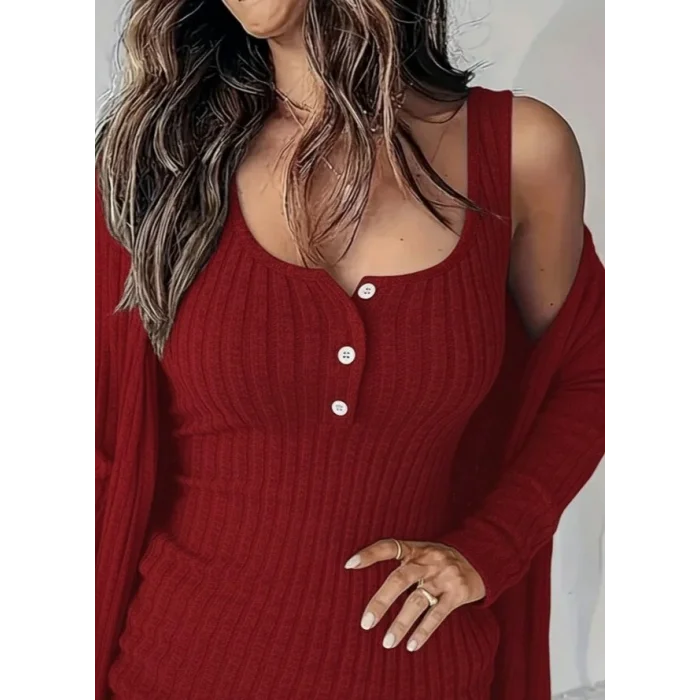 Kadın Askılı Yuvarlak Yakalı önü Düğmeli şardonlu Kaşkorse Mini Elbise Ve Kısa Ceket