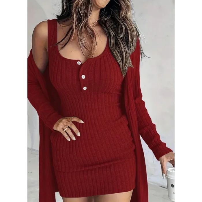 Kadın Askılı Yuvarlak Yakalı önü Düğmeli şardonlu Kaşkorse Mini Elbise Ve Kısa Ceket