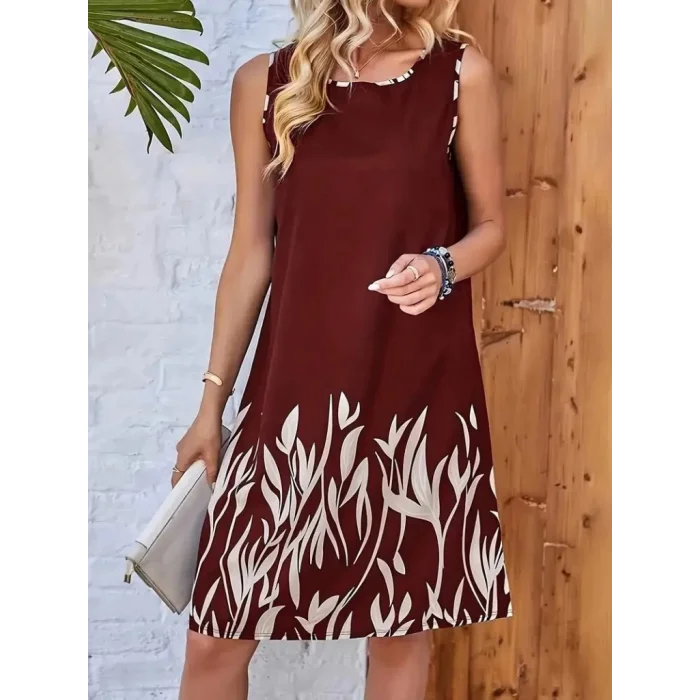 Kadın Askılı Yuvarlak Yakalı Yaprak Desenli Dalgıç Elbise