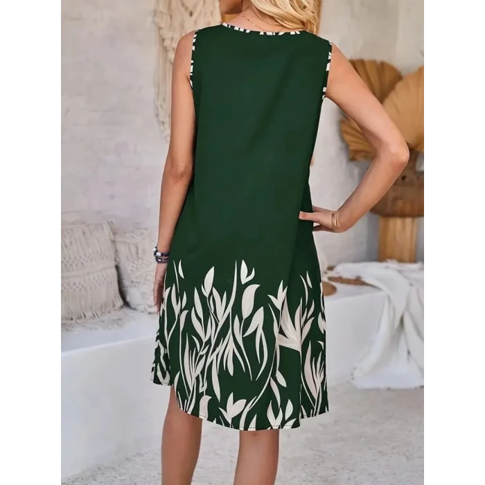 Kadın Askılı Yuvarlak Yakalı Yaprak Desenli Dalgıç Elbise