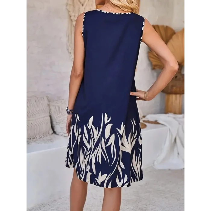Kadın Askılı Yuvarlak Yakalı Yaprak Desenli Dalgıç Elbise